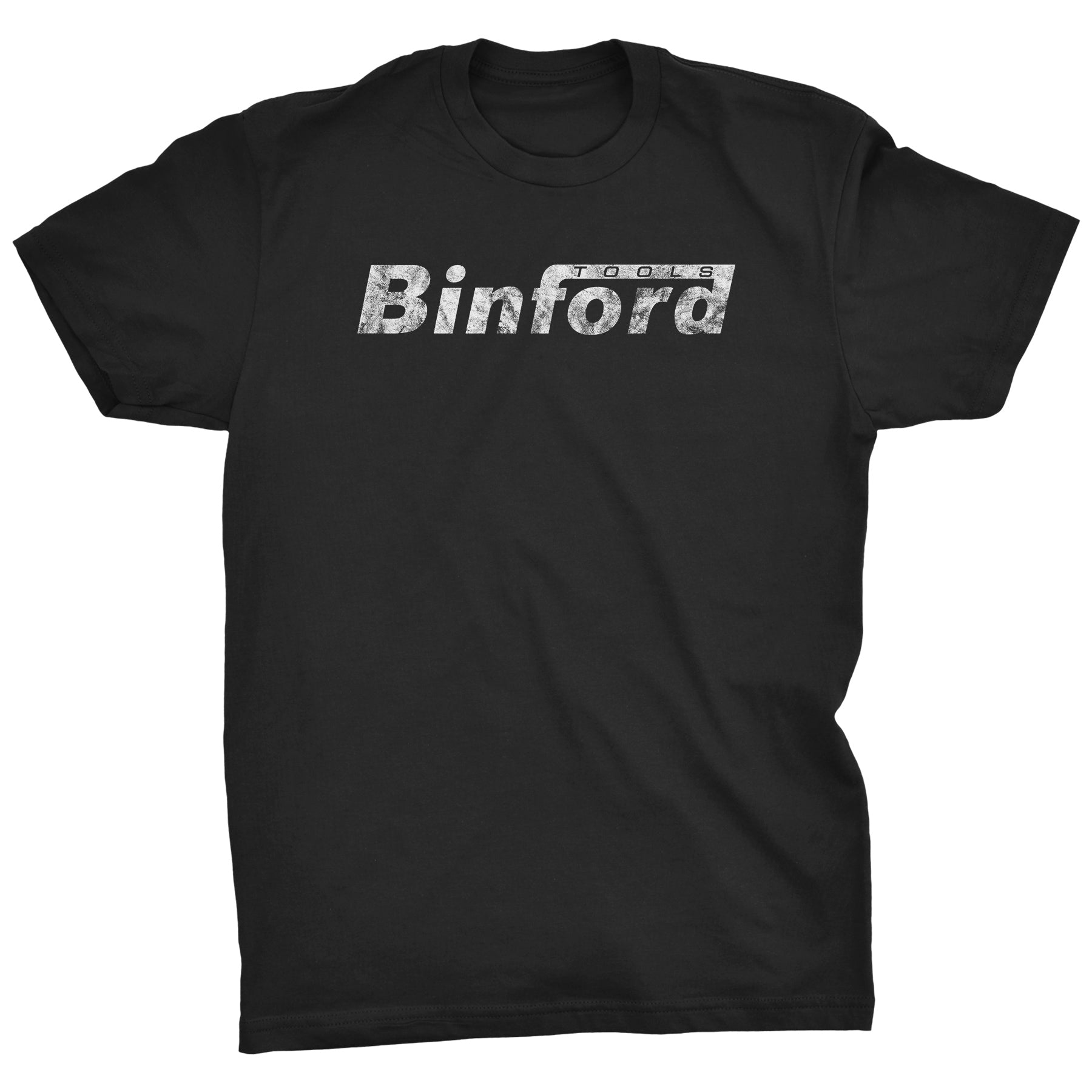 Binford Tools distressed logo on black men's shirt