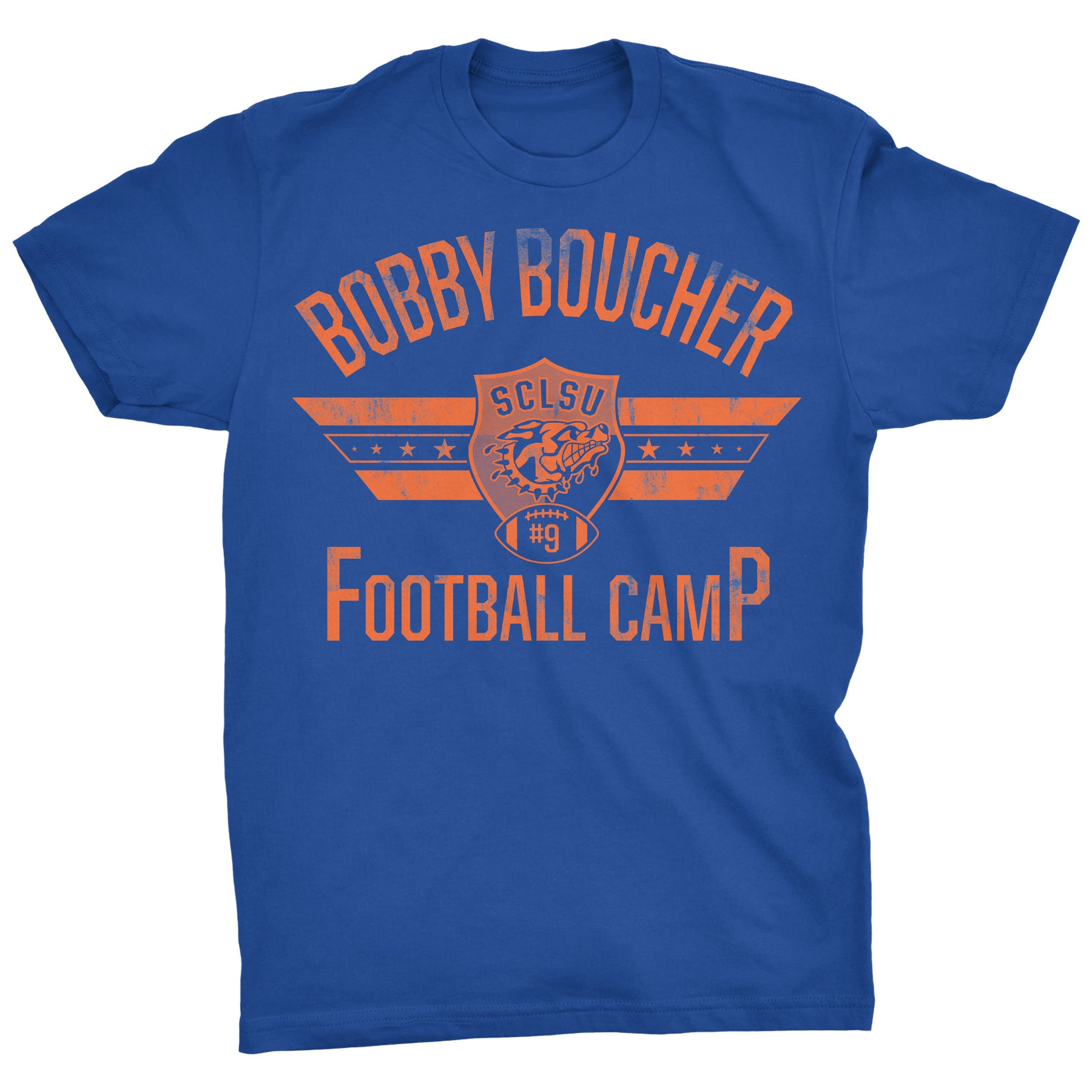 Royal blue Bobby Boucher Football Camp T-shirt with orange distressed football graphic