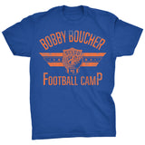 Royal blue Bobby Boucher Football Camp T-shirt with orange distressed football graphic